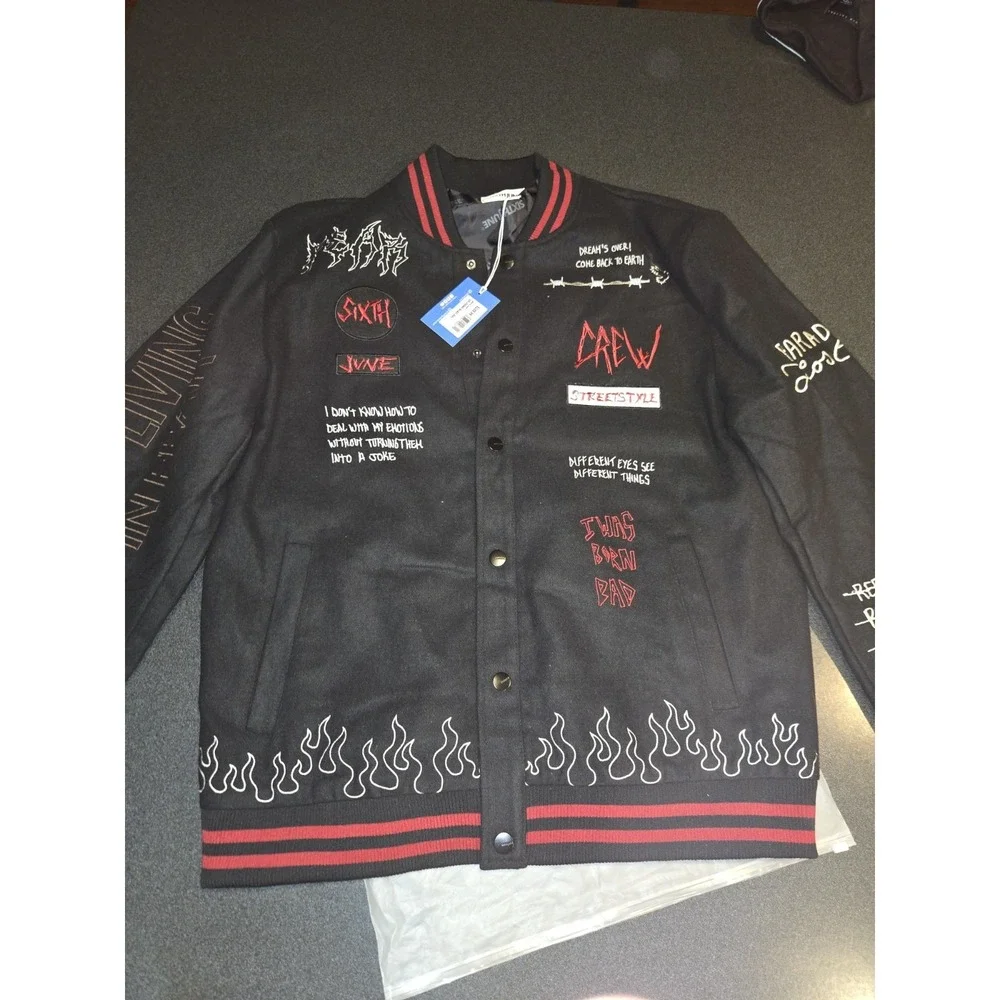 Sixth June Varsity Jacket 2XL NWT Black Embroidered Flames Streetwear